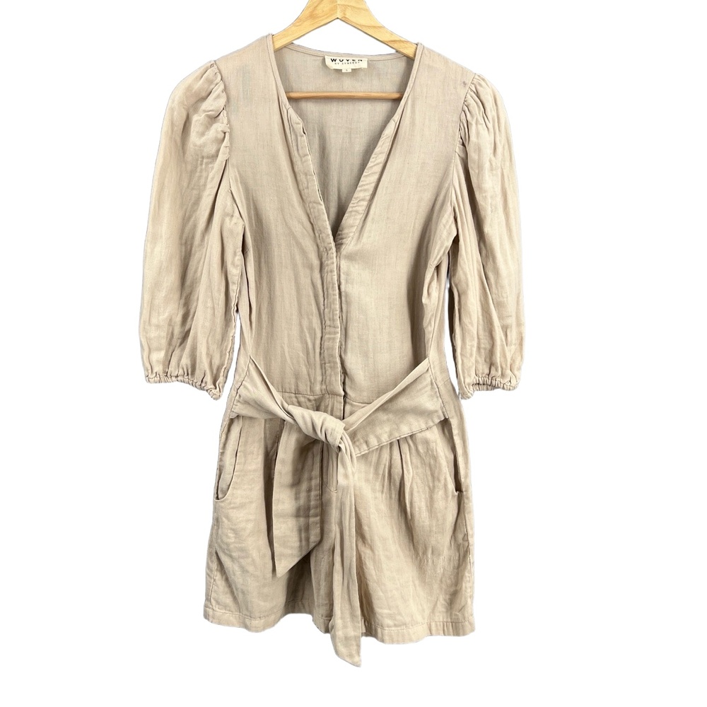 Woven By Synergy Romper Beige Lightweight V Neck Belted Organic Cotton Sz Small
